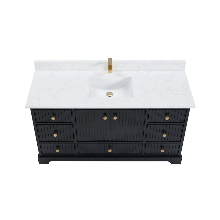 Bathroom vanity with wooden cabinet and white countertop in a bathroom setting.