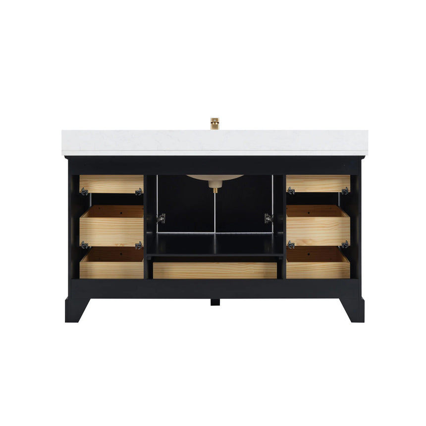 Bathroom vanity with wooden cabinet and white countertop in a bathroom setting.