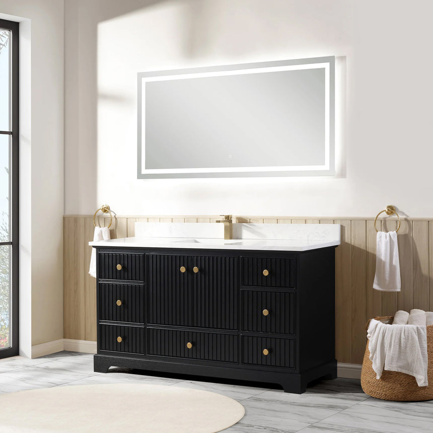 Bathroom vanity with wooden cabinet and white countertop in a bathroom setting.
