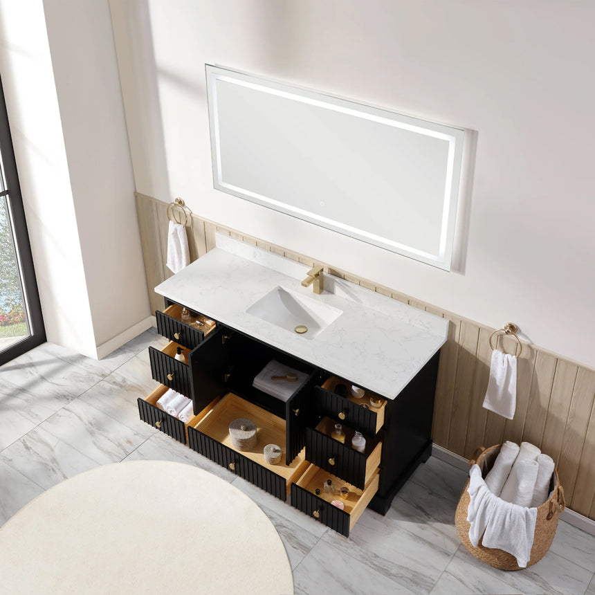 Bathroom vanity with wooden cabinet and white countertop in a bathroom setting.