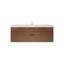 Wooden bathroom vanity with white countertop on a white background