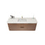 Bathroom vanity with white countertop and brown wooden base on a white background