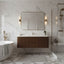 Modern Bathroom with 60 inch Livia Fluted Floating Vanity, Marble wall and glass shower door.