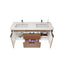 Bathroom vanity with double sink, open drawers, and toiletries on a white background