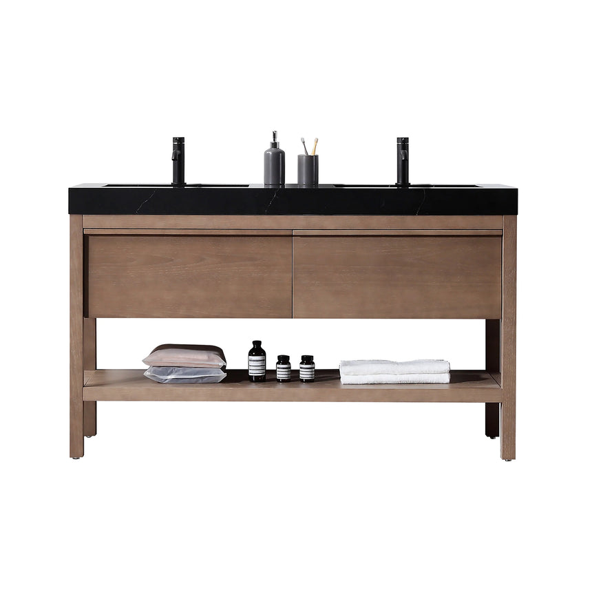 Bathroom vanity with black countertop and wooden cabinet in a bright room.