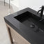 Bathroom vanity with black countertop and faucet