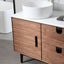 Wooden bathroom vanity with white sink and countertop