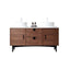 Wooden bathroom vanity with white countertop and two sinks on a white background