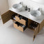 Bathroom vanity with open drawers containing toiletries, two white sinks, and a mirror.