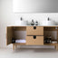 Bathroom vanity with open cabinet doors, white sinks, and various toiletries on a light gray background.