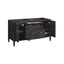 Black cabinet with open doors on a white background