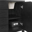 Black cabinet with open door revealing a safe inside