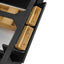 Black metal frame with wooden blocks on a white background