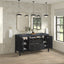 Bathroom vanity with open cabinet doors, mirrors, and decorative elements.