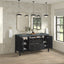 Bathroom vanity with open cabinet doors, mirrors, and decorative elements.