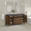 Bathroom vanity with double sink, mirrors, and decorative elements.