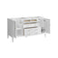 White bathroom vanity with open cabinet doors on a white background