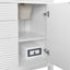 White cabinet with an open door revealing a power outlet.