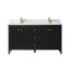 Black bathroom vanity with marble countertop and gold fixtures on a white background