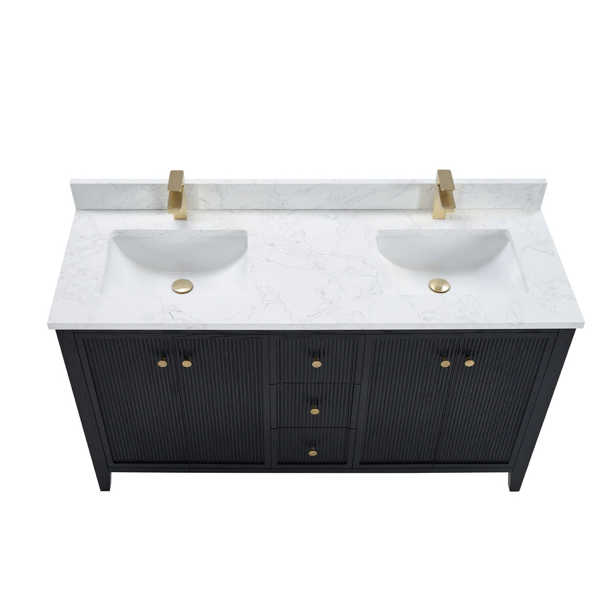 Bathroom vanity with double sink, mirrors, and towels in a well-lit room.