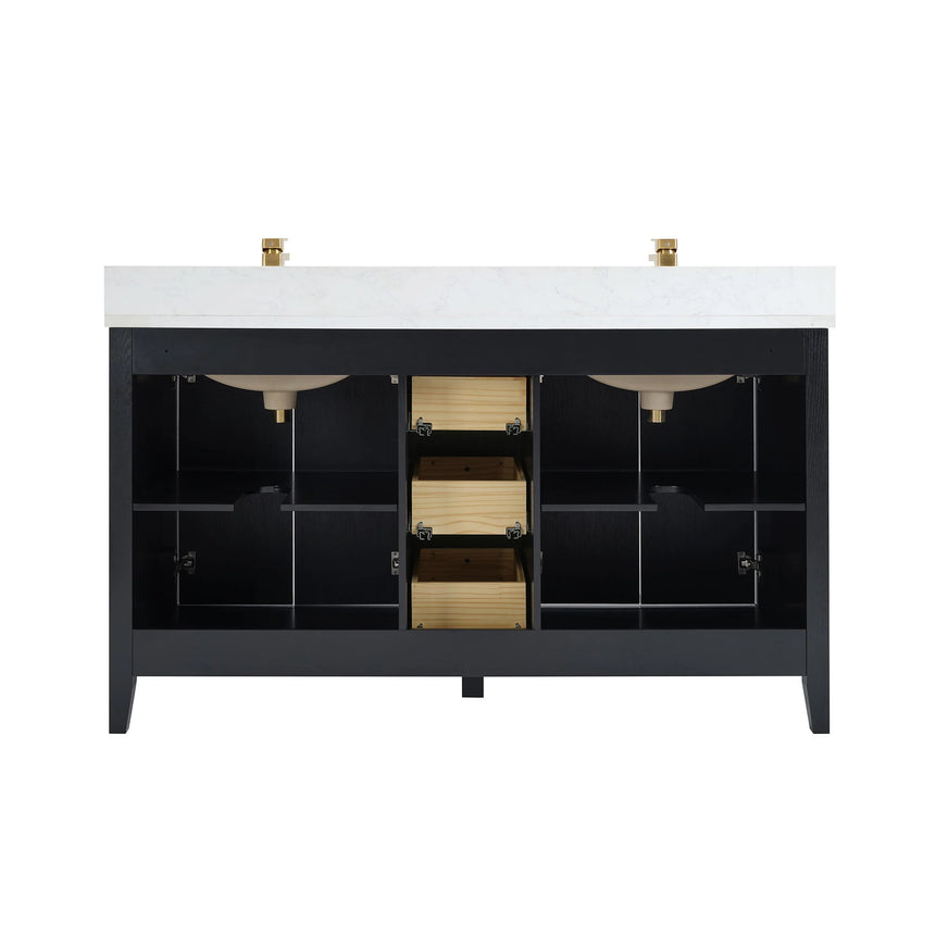 Bathroom vanity with double sink, mirrors, and towels in a well-lit room.