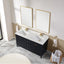 Bathroom vanity with double sink, mirrors, and decorative elements.