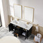 Bathroom vanity with open cabinet, white marble countertop, and gold fixtures.