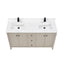 Bathroom vanity with white countertop and double sink on a white background