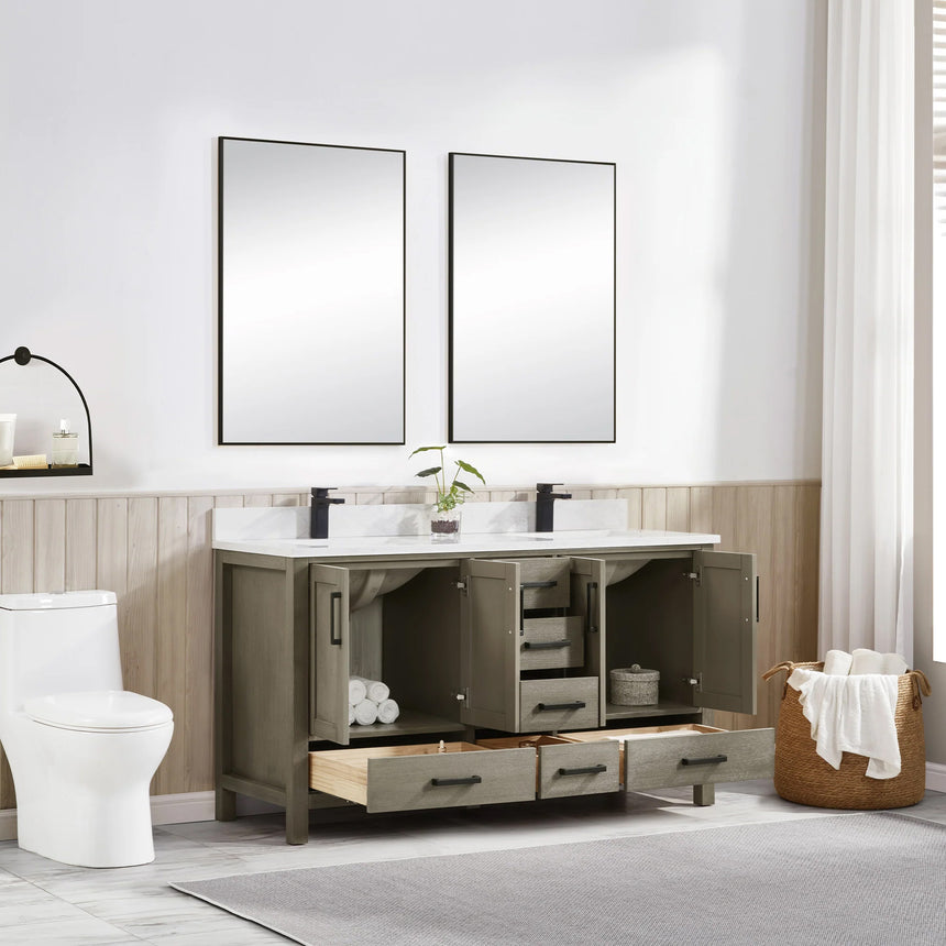 Bathroom vanity with wooden cabinets and white countertop, featuring a toilet and towel on the side.