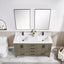 Bathroom vanity with double sink, mirrors, and wooden cabinets.