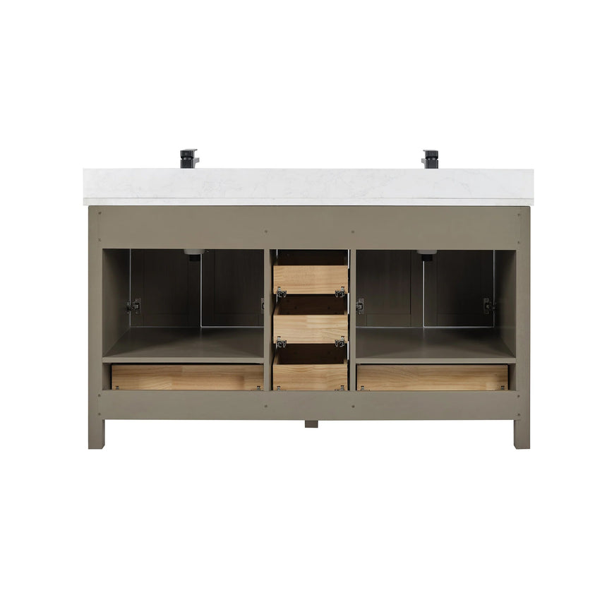 Bathroom vanity with wooden cabinets and white countertop, featuring a toilet and towel on the side.