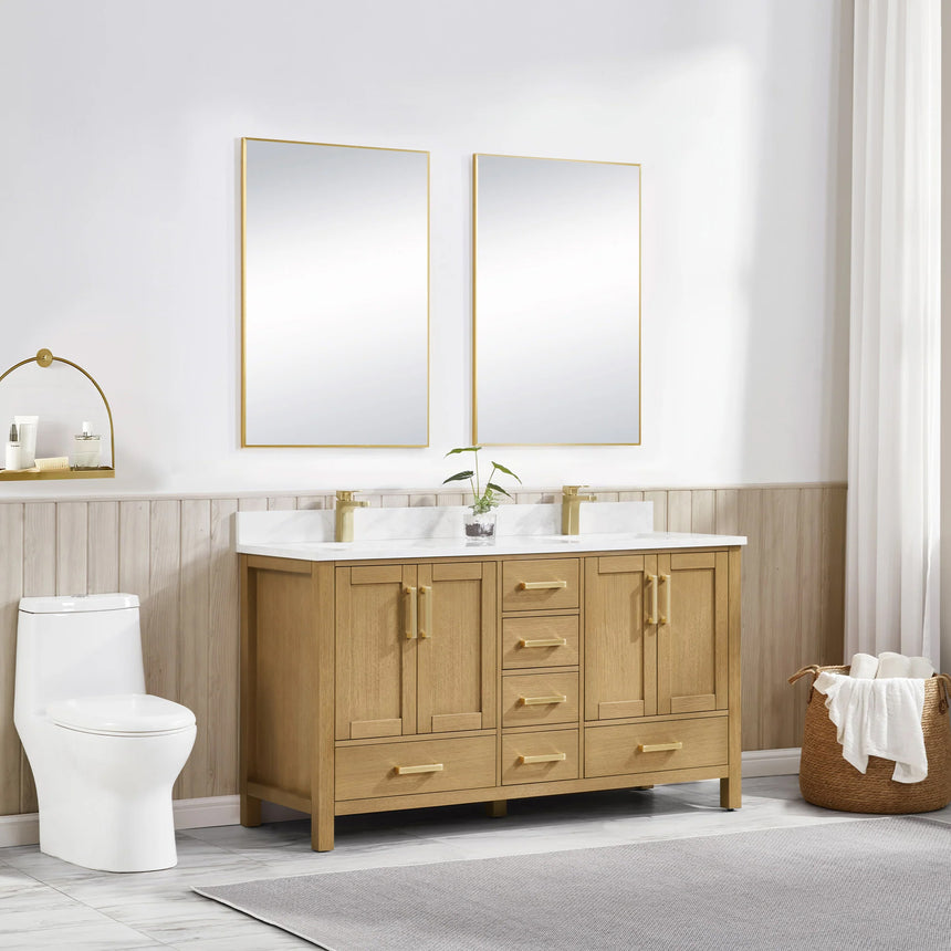 Bathroom vanity with wooden cabinets and white countertop, featuring a toilet and towel on the side.