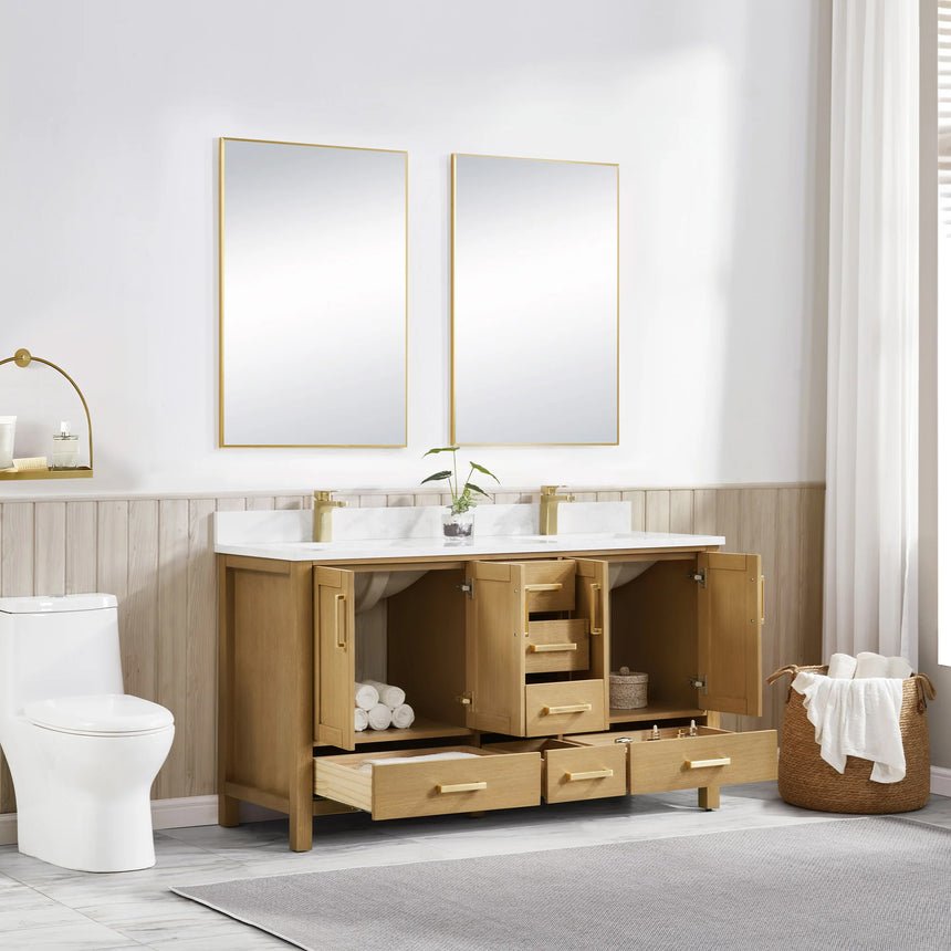 Bathroom vanity with wooden cabinets and white countertop, featuring a toilet and towel on the side.