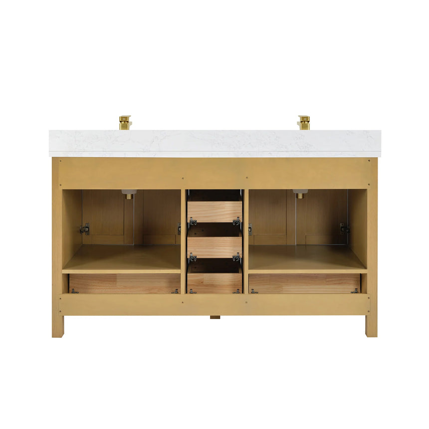 Bathroom vanity with wooden cabinets and white countertop, featuring a toilet and towel on the side.