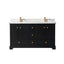Black bathroom vanity with marble countertop and gold fixtures on a white background
