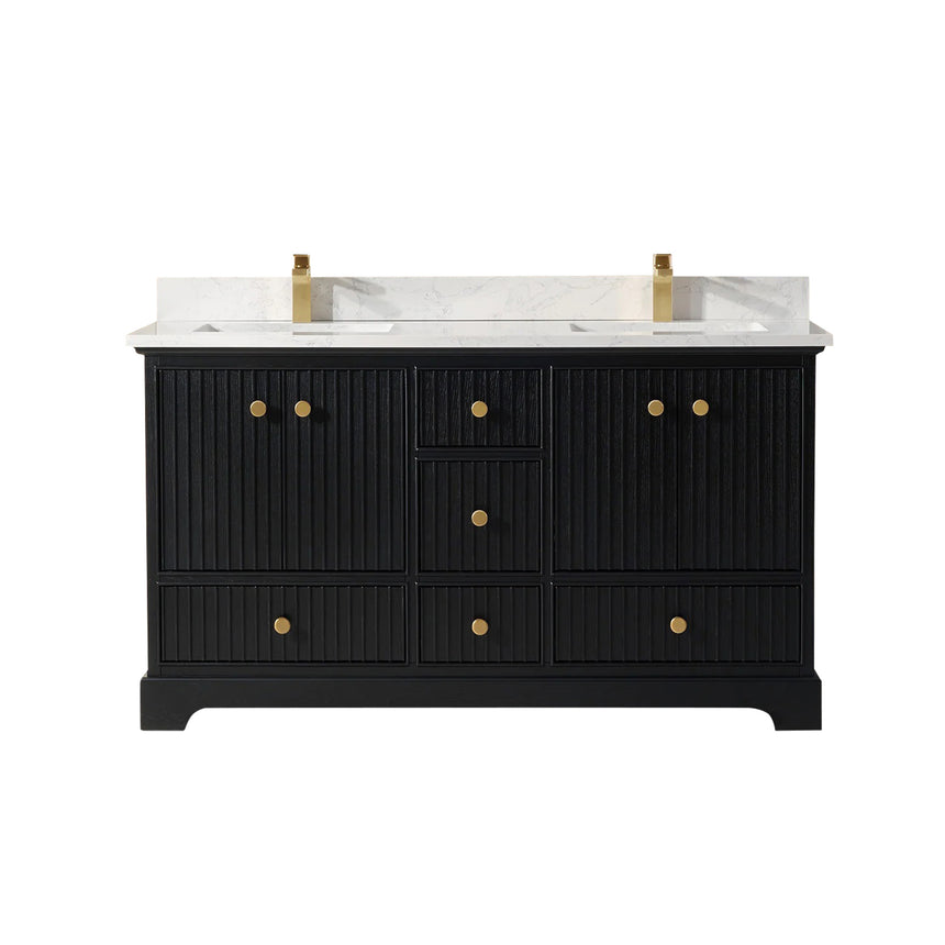 Bathroom vanity with wooden cabinet and white countertop in a bathroom setting.