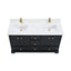 Black bathroom vanity with white countertop and gold fixtures on a white background