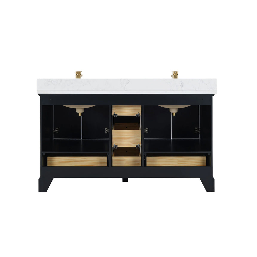 Bathroom vanity with wooden cabinet and white countertop in a bathroom setting.