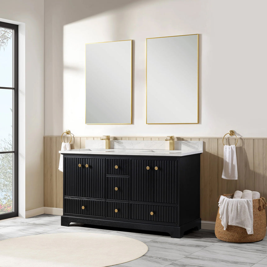 Bathroom vanity with wooden cabinet and white countertop in a bathroom setting.