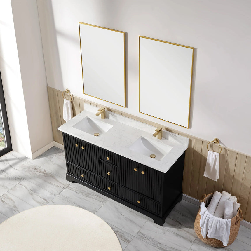 Bathroom vanity with wooden cabinet and white countertop in a bathroom setting.