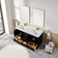 Bathroom vanity with white countertop, gold fixtures, and open drawers.