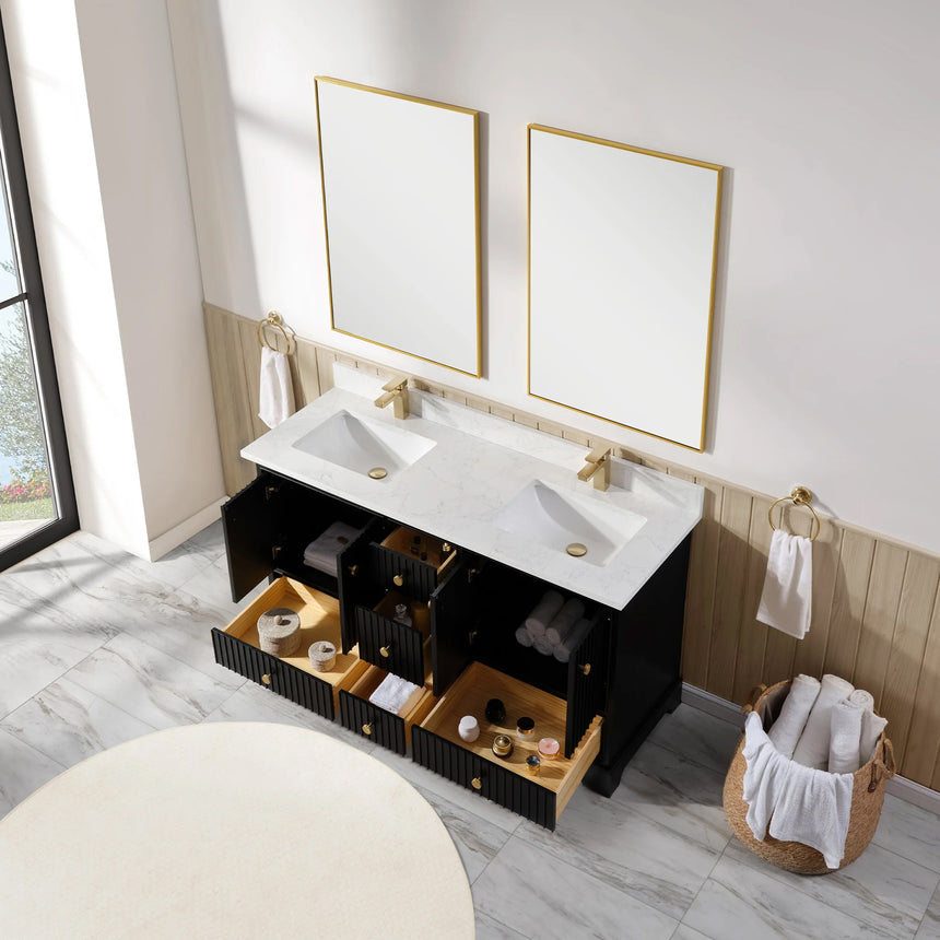 Bathroom vanity with wooden cabinet and white countertop in a bathroom setting.