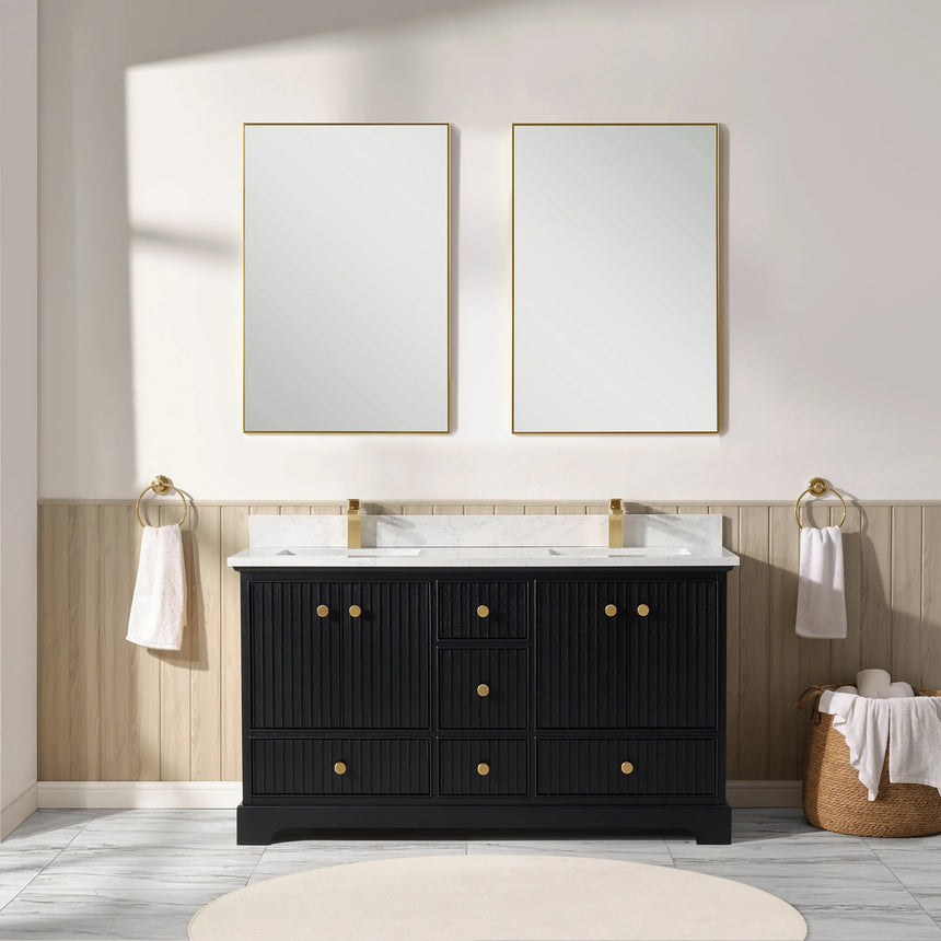 Bathroom vanity with wooden cabinet and white countertop in a bathroom setting.