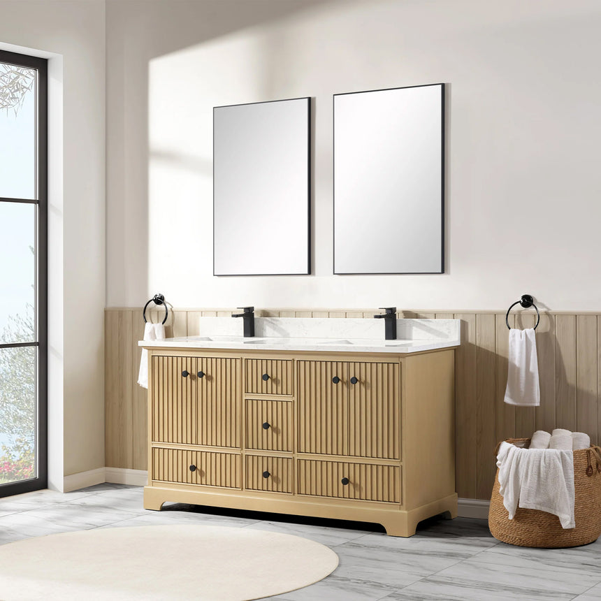 Bathroom vanity with wooden cabinet and white countertop in a bathroom setting.