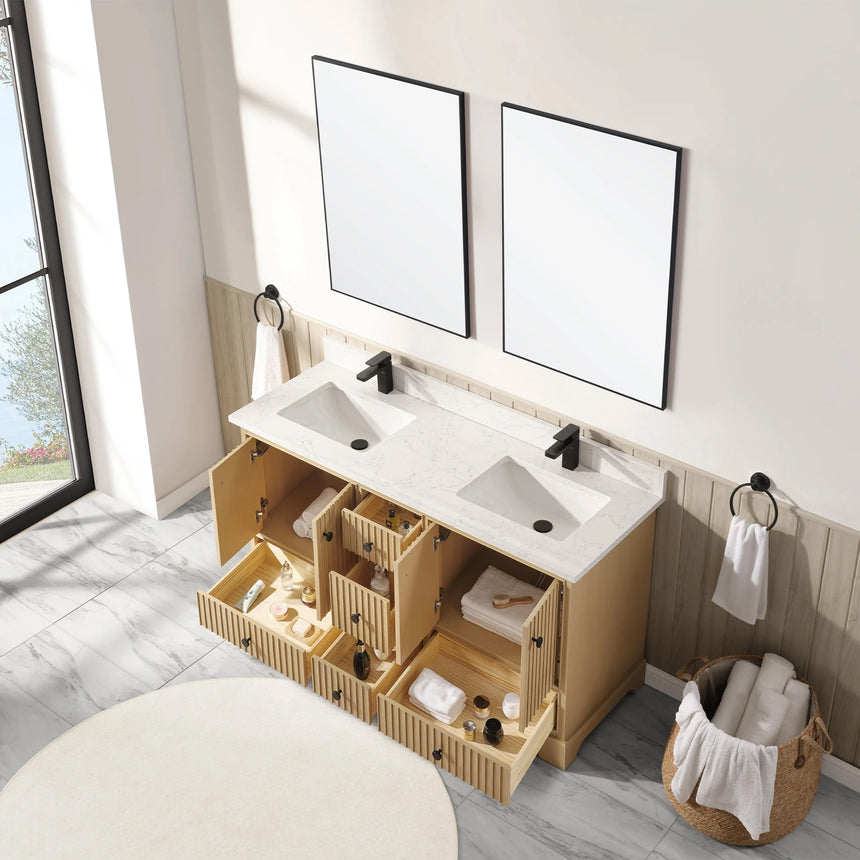 Bathroom vanity with wooden cabinet and white countertop in a bathroom setting.