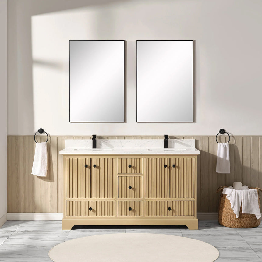 Bathroom vanity with wooden cabinet and white countertop in a bathroom setting.