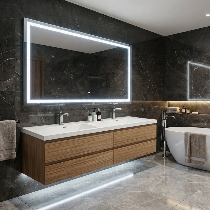 Bathroom mirror with LED lighting on a concrete wall.