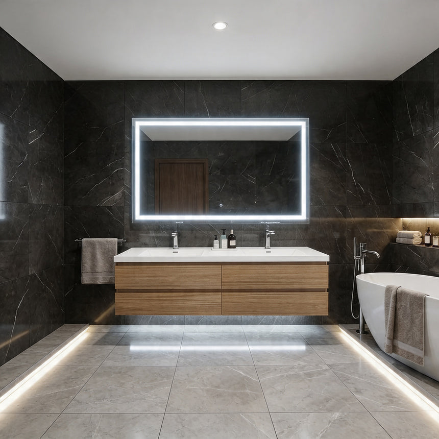 Bathroom mirror with LED lighting on a concrete wall.
