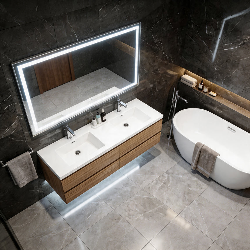Bathroom mirror with LED lighting on a concrete wall.
