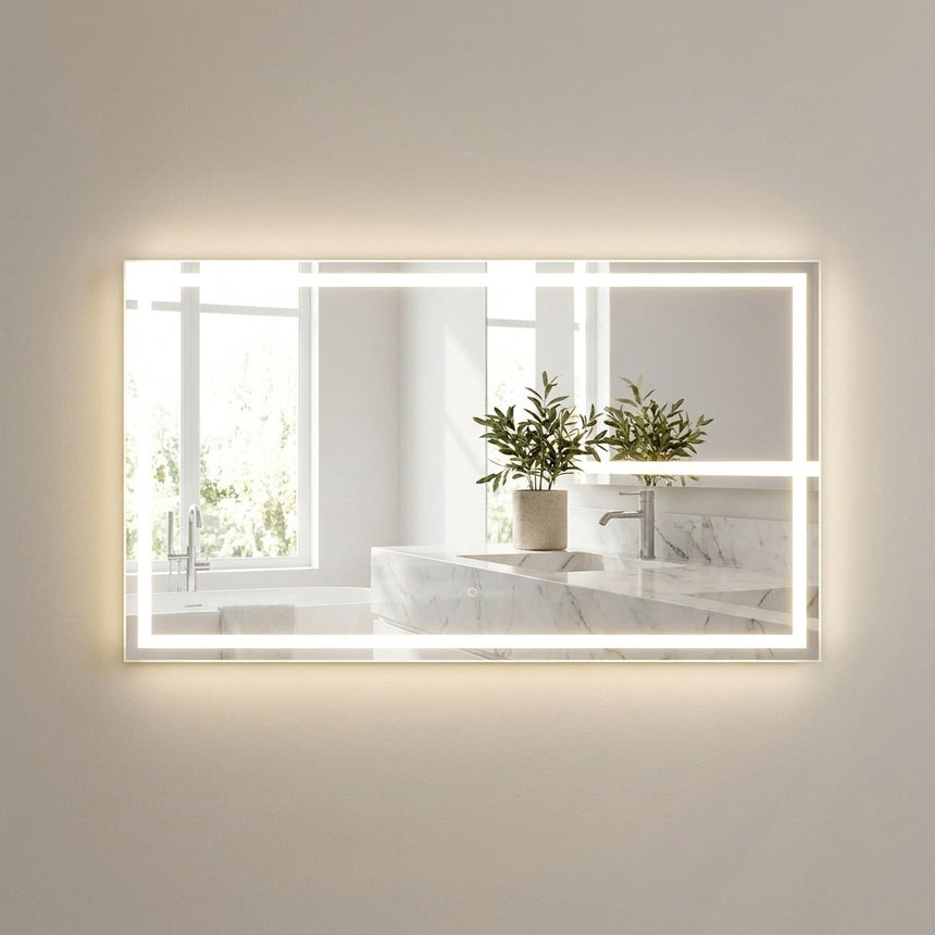 Bathroom mirror with LED lighting on a concrete wall.